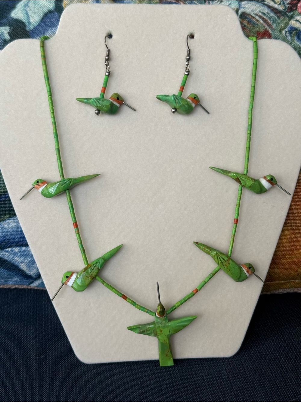 Hand Crafted Green Hummingbird Necklace & Earrings Set